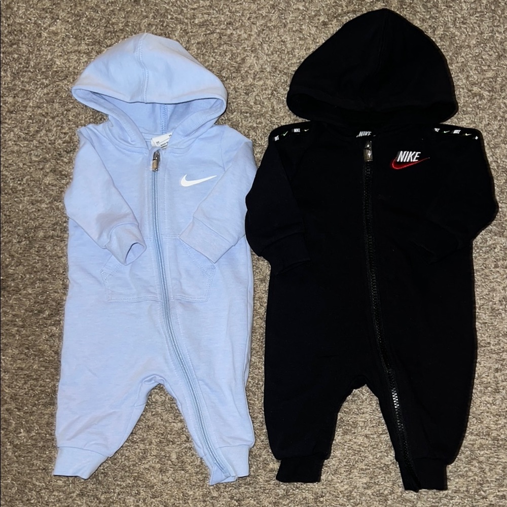 Nike Black and Blue Footies One Piece with Hood and Full-Length Zipper